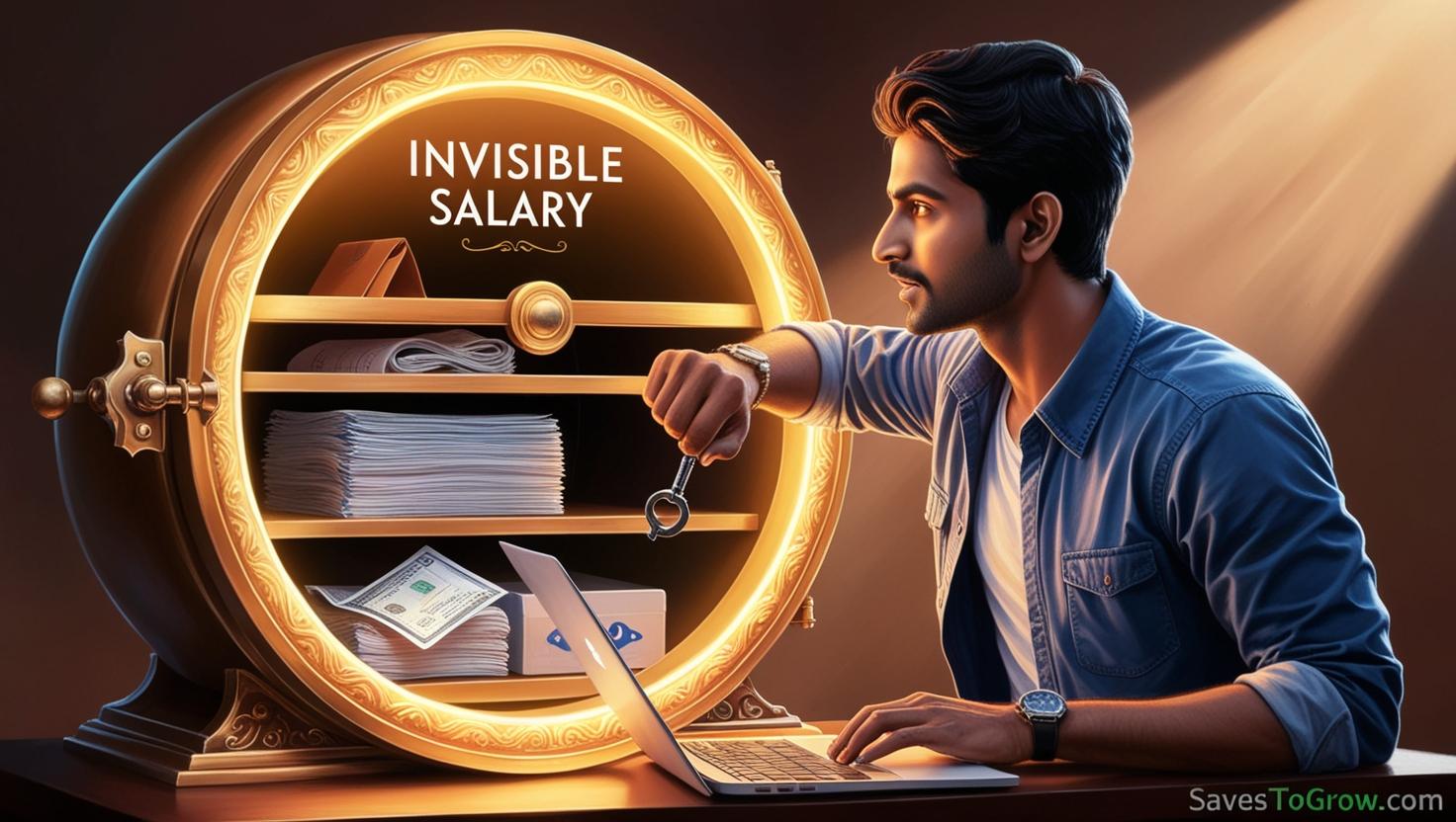 “A person unlocking a glowing vault labeled ‘Invisible Salary’