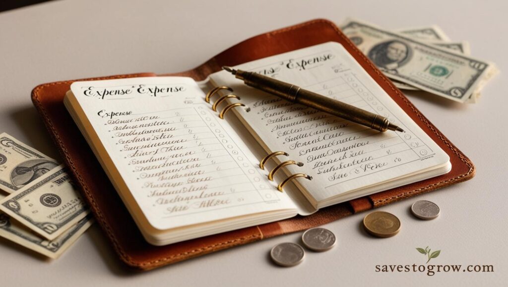 A pocket notebook with handwritten expenses a pen and cash notes spread beside i