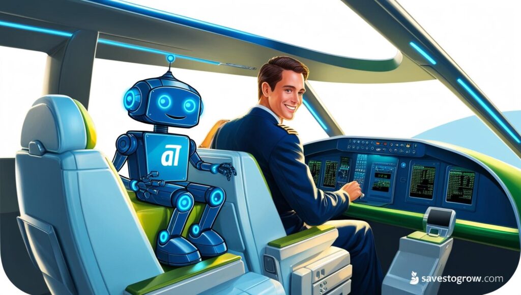 AI co pilot sitting in the cockpit of a finance “plane” with a human