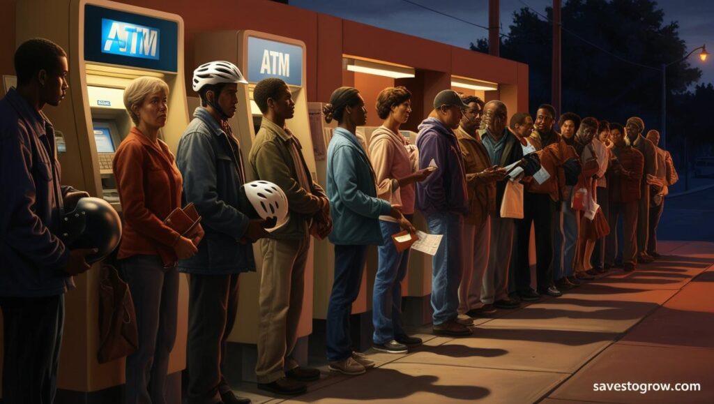 An ATM queue at dusk with people holding helmets wallets and receipts