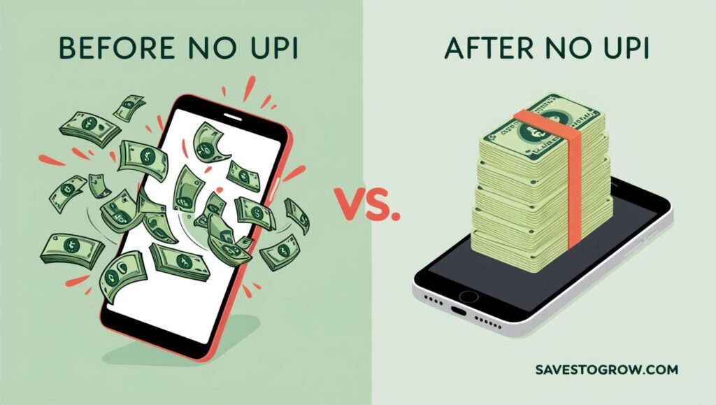 Before No UPI” vs “After No UPI” showing money flying out of a phone vs neatly stacked cash