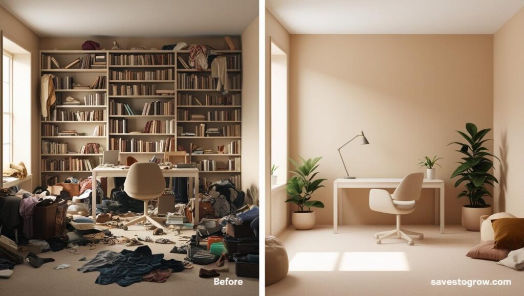Before and after scene of cluttered room vs clean