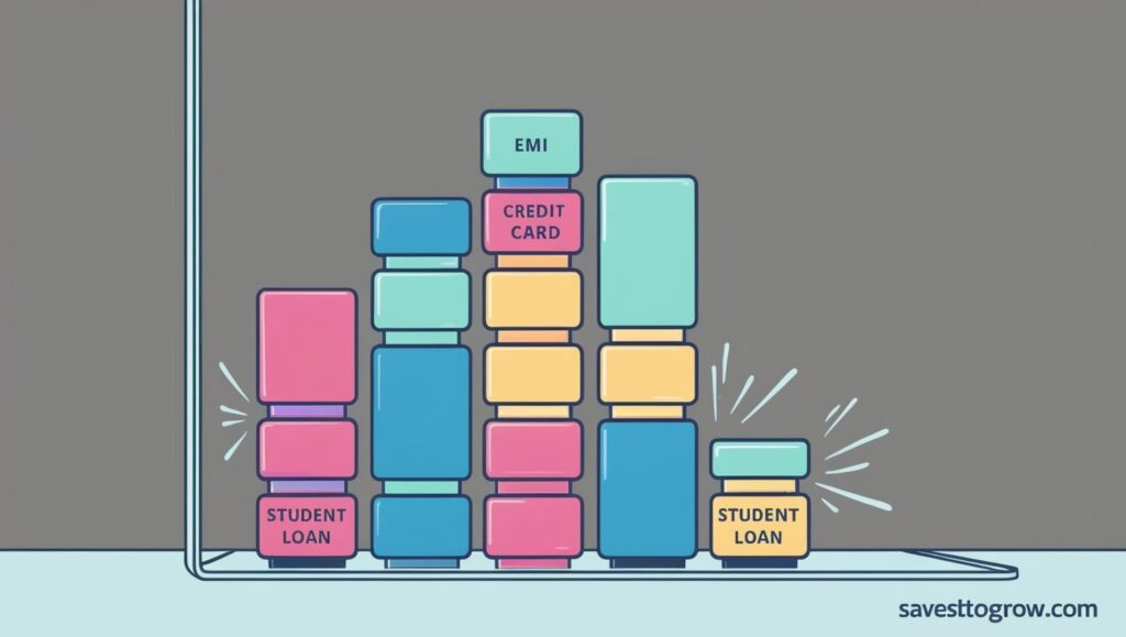 Blocks labeled with “EMI ” “Credit Card ” “Student Loan” being cleared from a screen