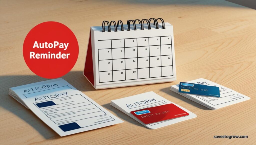Calendar with autopay reminder circled in red next to bills and credit cards neatly arranged