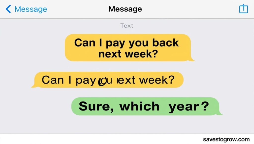 Can I pay you back next week ” → “Sure which year ”