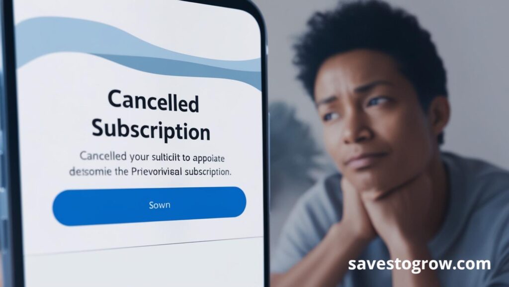 Close up of a canceled subscription screen with a thoughtful expression