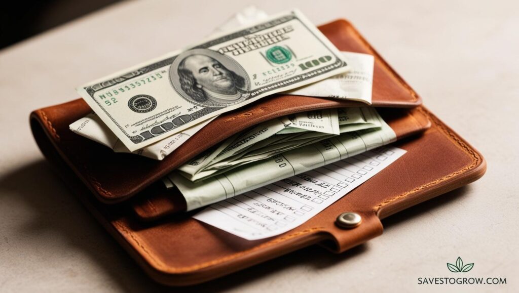 Close up shot of a wallet stuffed with crisp notes receipts and a scratched out shopping list