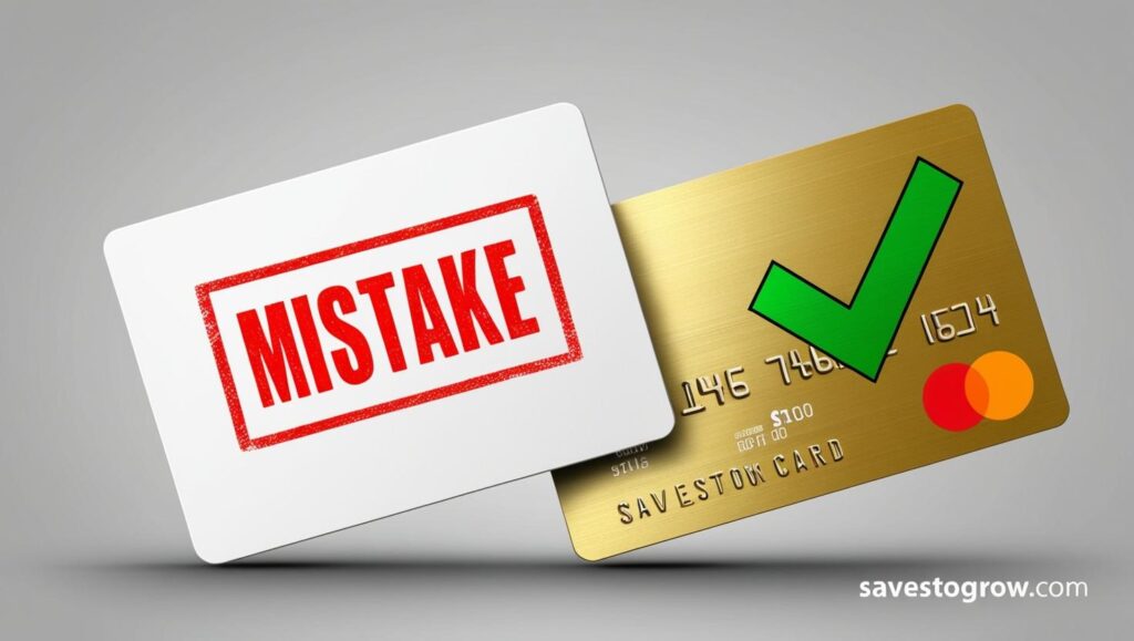 Closed credit card with 'Mistake' stamp overlay and open card with green checkmark