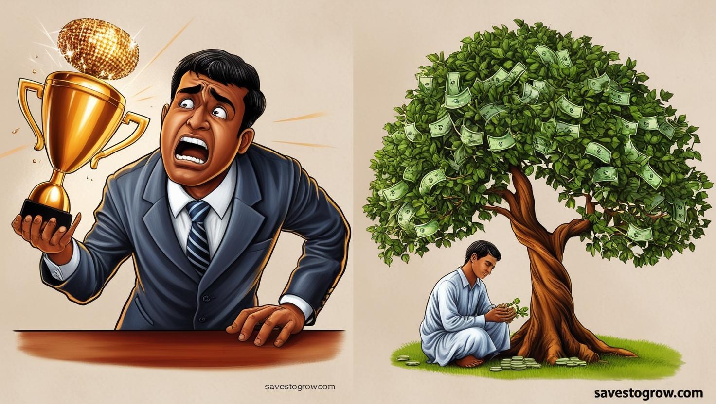 “Comparison One side shows a stressed worker chasing a job title