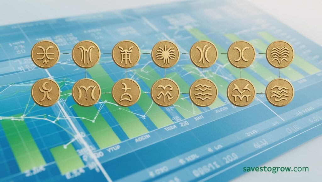 Concept art zodiac symbols overlaid on financial charts