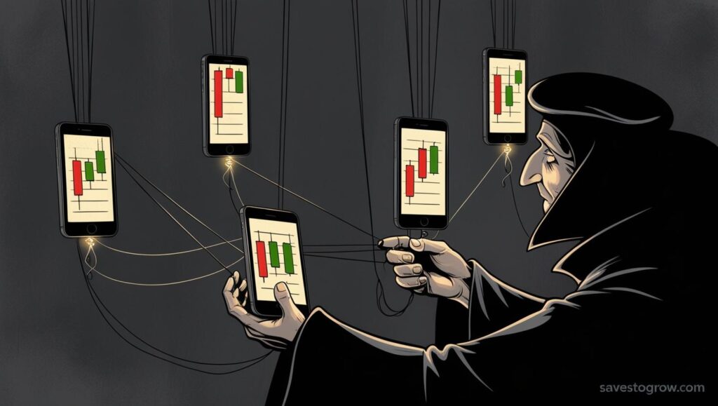 “Dark illustration of a puppet master controlling stock market candles via mobile apps