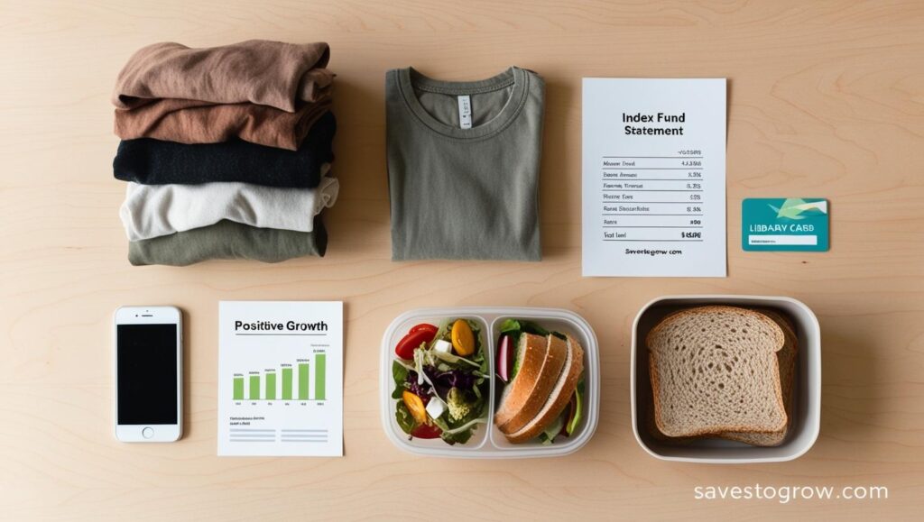 Flat lay of minimal lifestyle items thrifted clothes index funds printout packed lunch