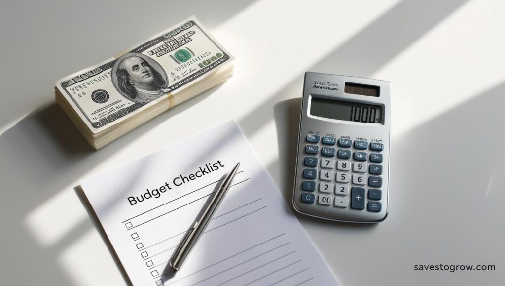 Flat lay of money calculator and a ‘Minimalist Budget’ checklist on a clean white table