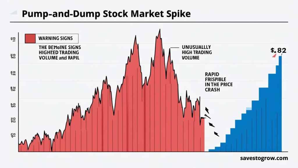 “Graph showing a dramatic pump and dump spike with warning signs highlighted