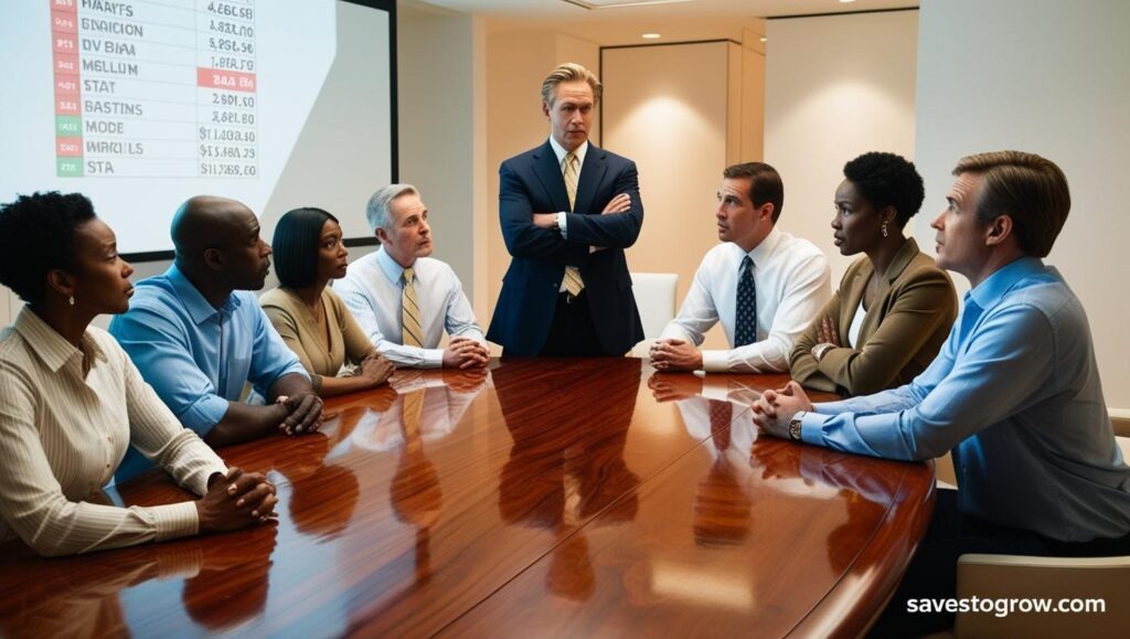 “Group of people around a table discussing stock messages