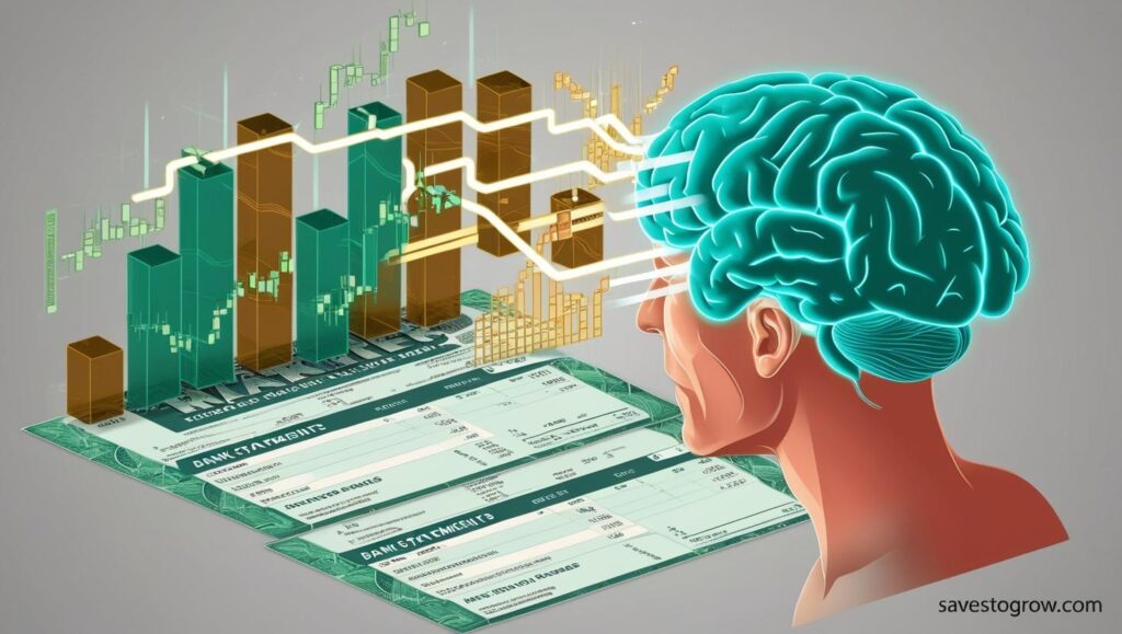 Image of a human brain glowing while scanning bank statements or graphs like a Tetris playe
