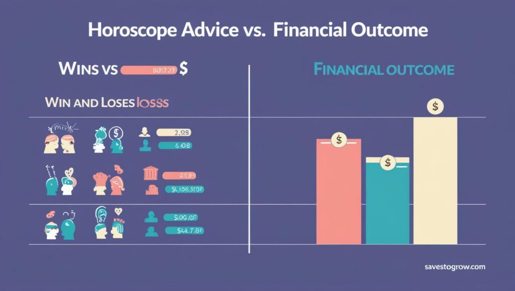 Infographic “Horoscope Advice vs Financial Outcome” (side by side wins losses)