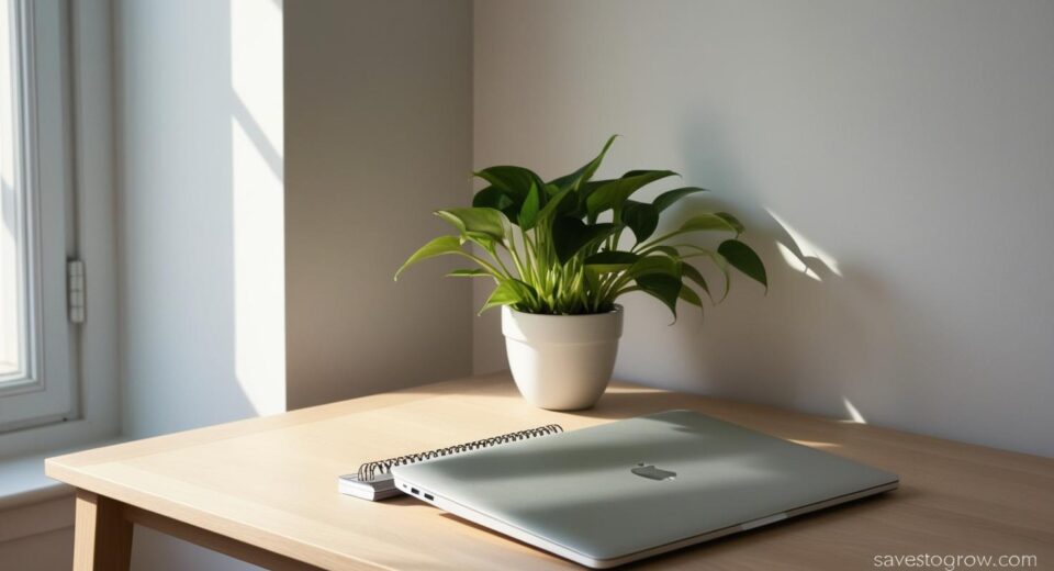 Minimalist home workspace with only a laptop plant and notebook on a wooden desk