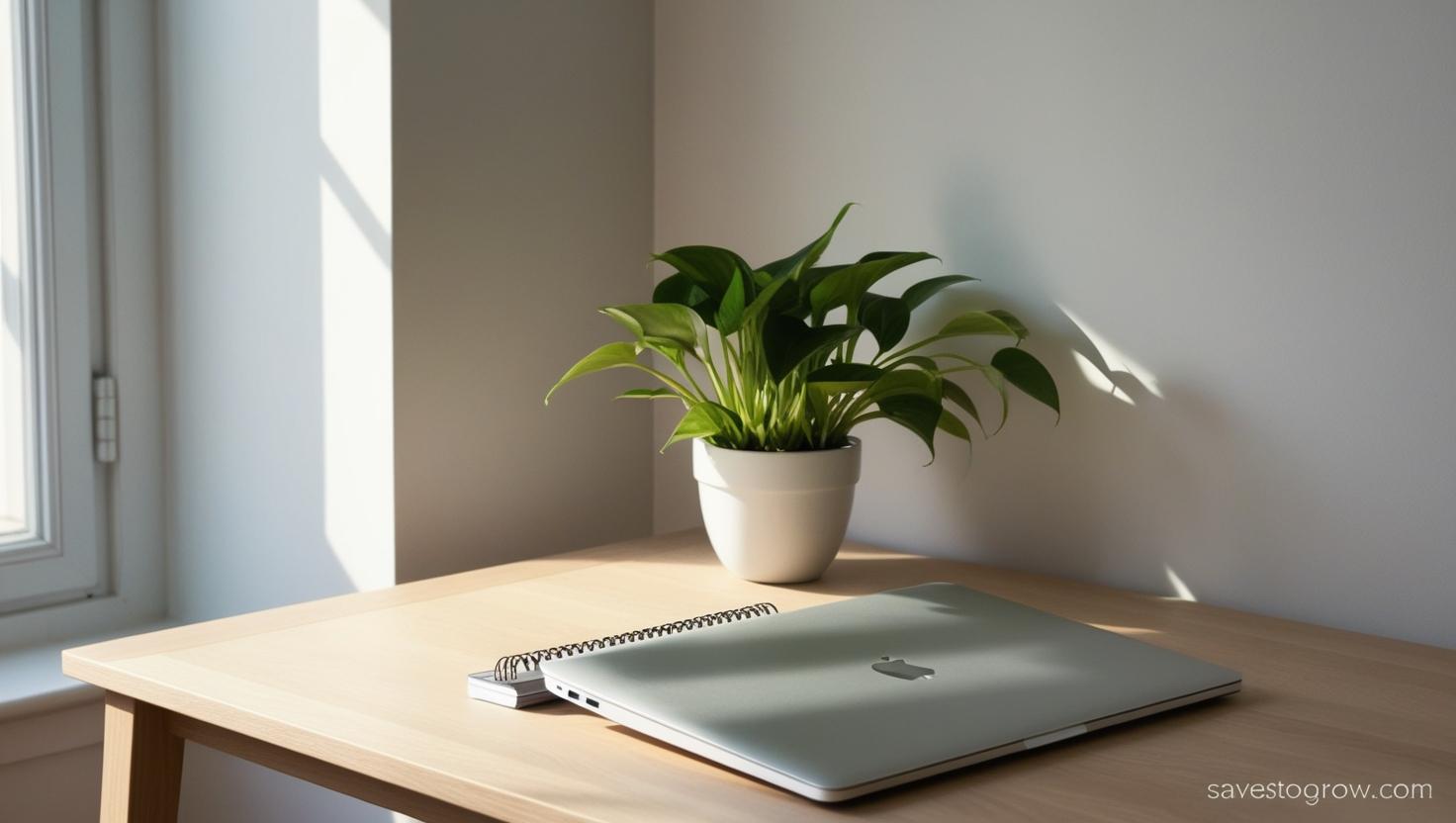 Minimalist home workspace with only a laptop plant and notebook on a wooden desk
