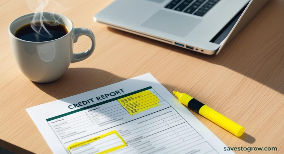 Overhead view of credit report printout with highlighter marks coffee mug and laptop