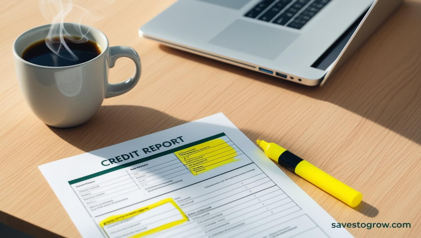 Overhead view of credit report printout with highlighter marks coffee mug and laptop
