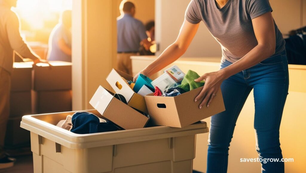 Person happily dropping off boxes of items at a donation center