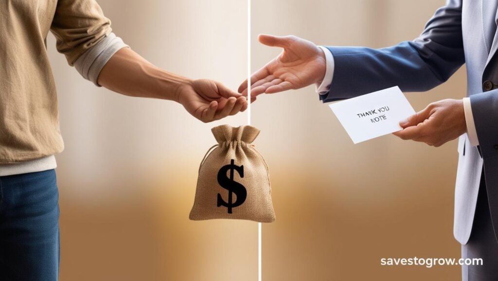 Present Self” handing a bag labeled “$” to “Future Self” with a thank you note