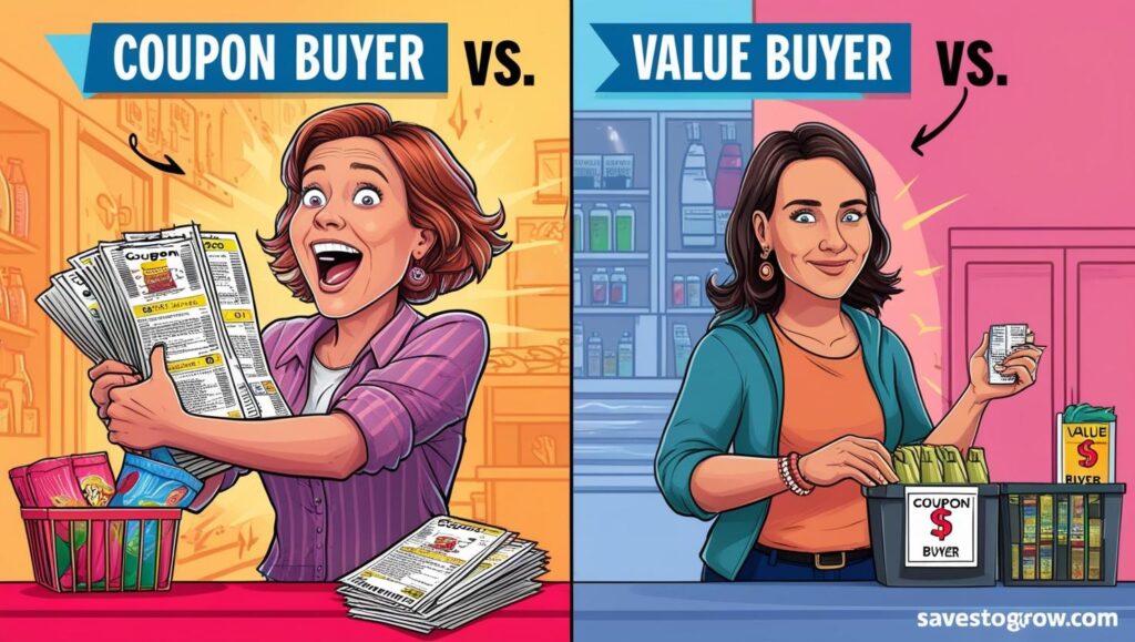 Side by side visual “Coupon buyer vs value buyer” showing emotional vs logical approach