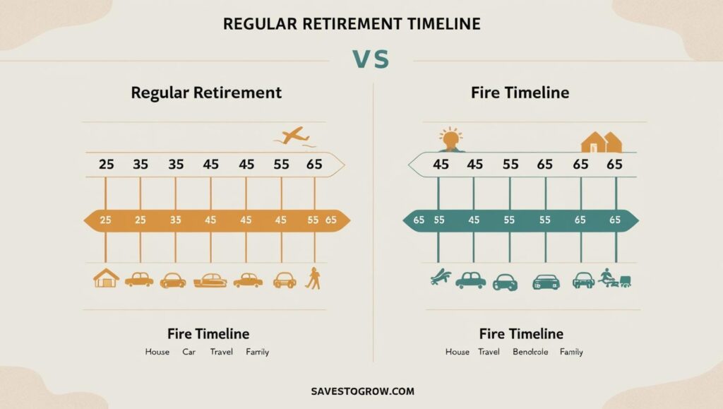 Side by side “Regular Retirement Timeline” vs “FIRE Timeline