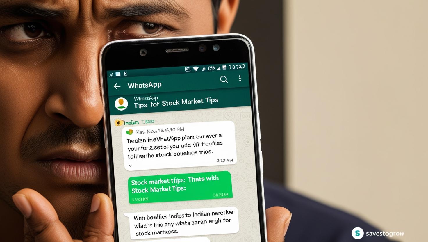 “Smartphone showing WhatsApp messages with stock tips