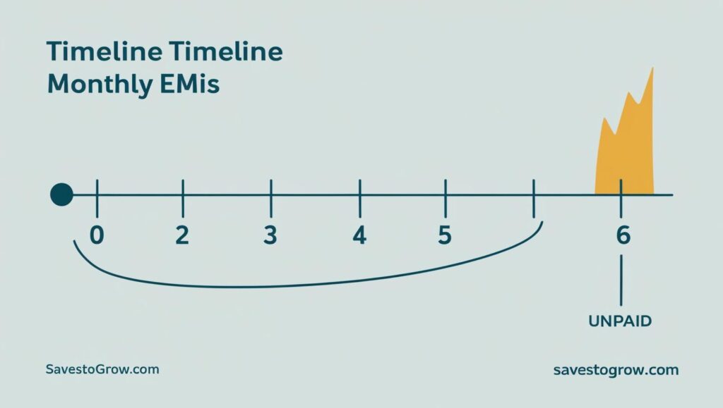Timeline graphic Month 0 to Month 6 with decreasing EMIs and a spike if unpaid