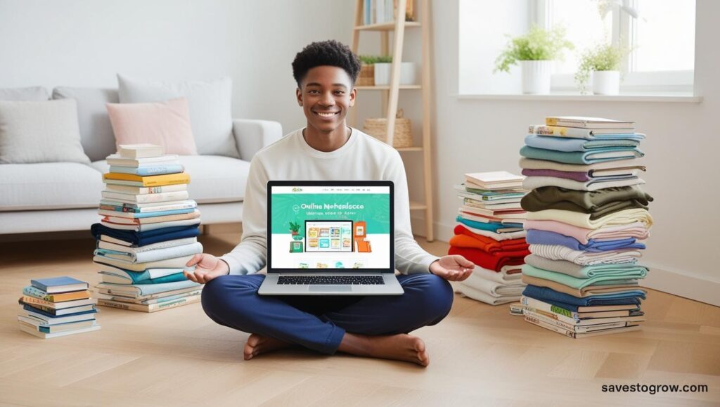 Young adult sitting on floor with open laptop