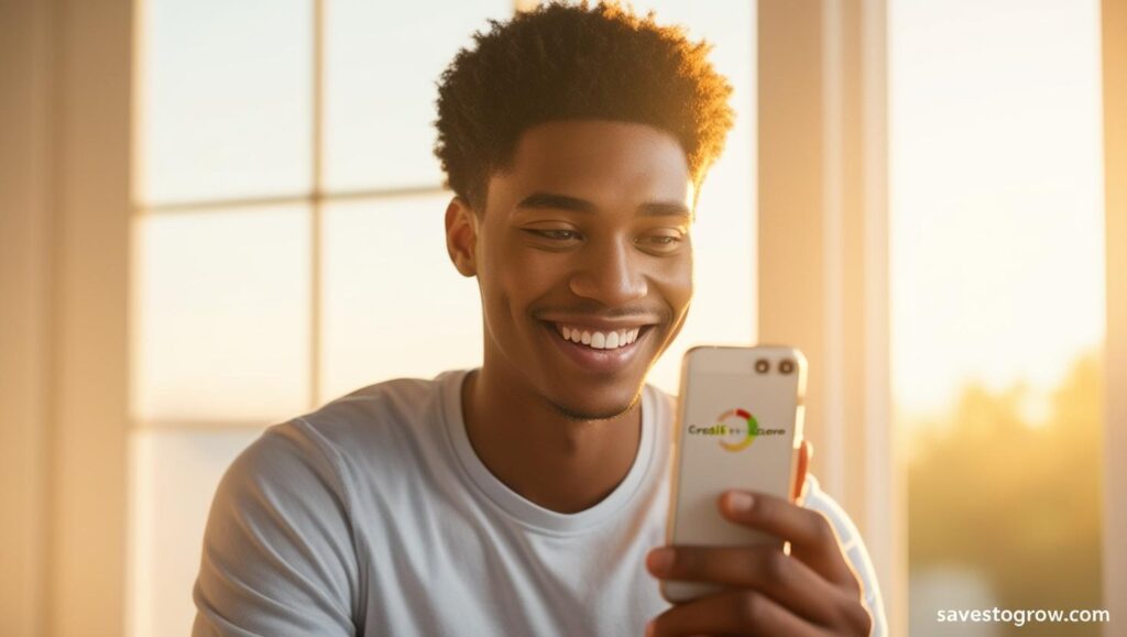 Young adult smiling while checking credit score on smartphone soft morning light
