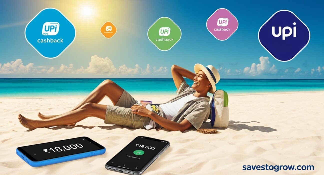 beach with floating cashback icons UPI app logos and a phone