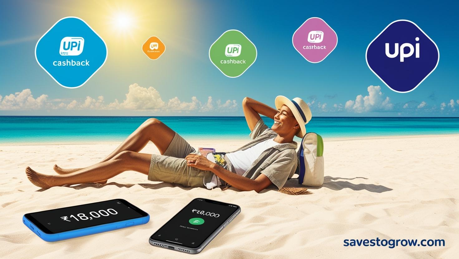 beach with floating cashback icons UPI app logos and a phone
