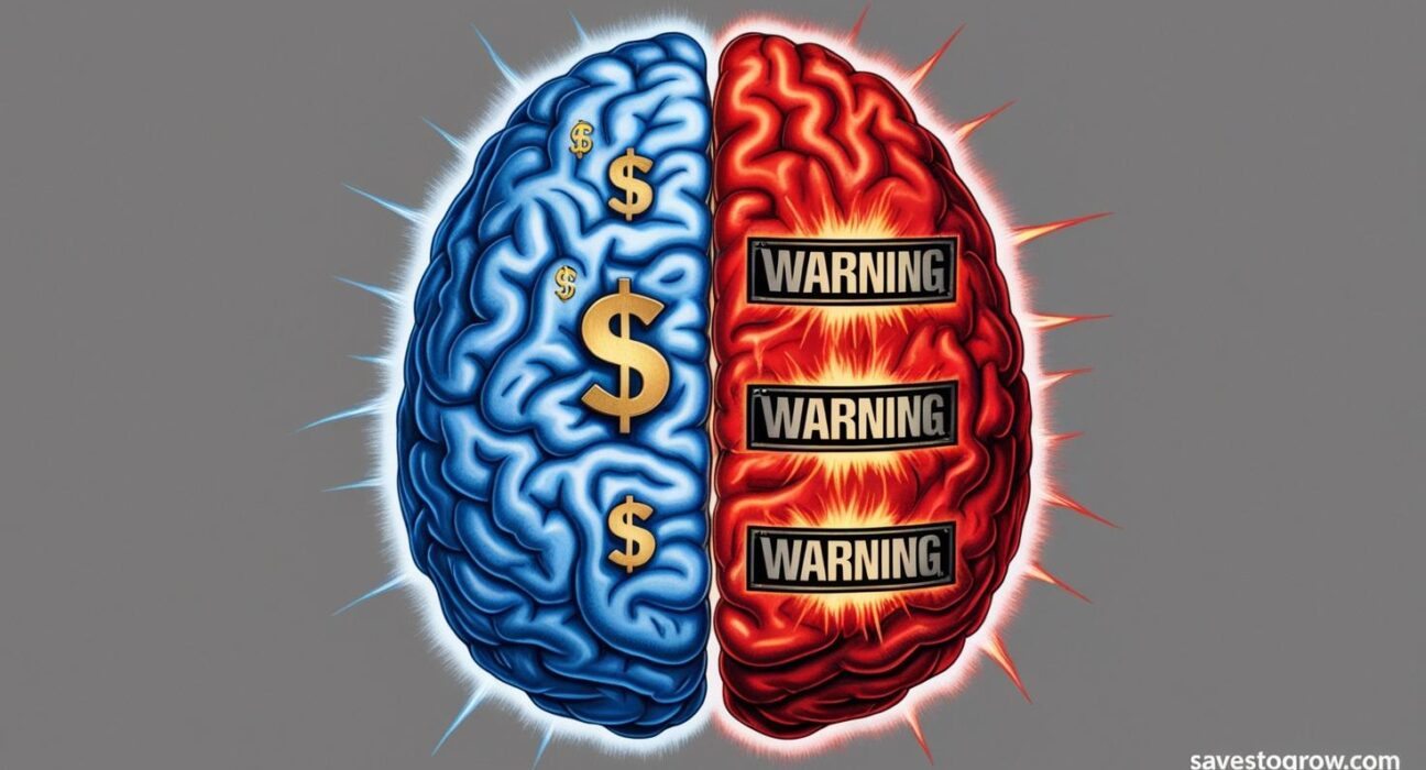 brain with dollar signs and warning labels half glowing rationally and half in red “danger” mode