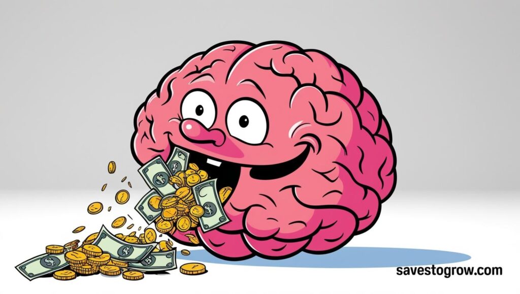 cartoon brain with money leaking out like sand through a sieve