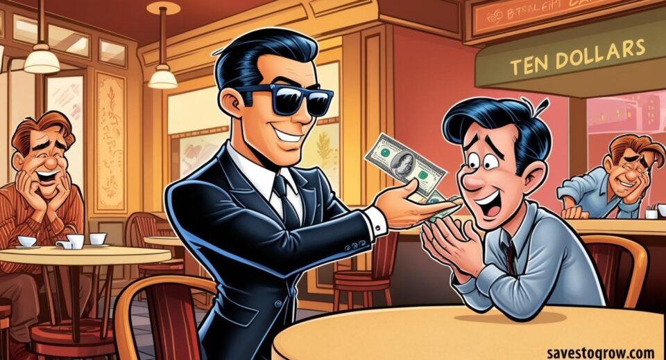 cartoon of a person in a suit and sunglasses collecting $10 from a nervous friend at a cafe