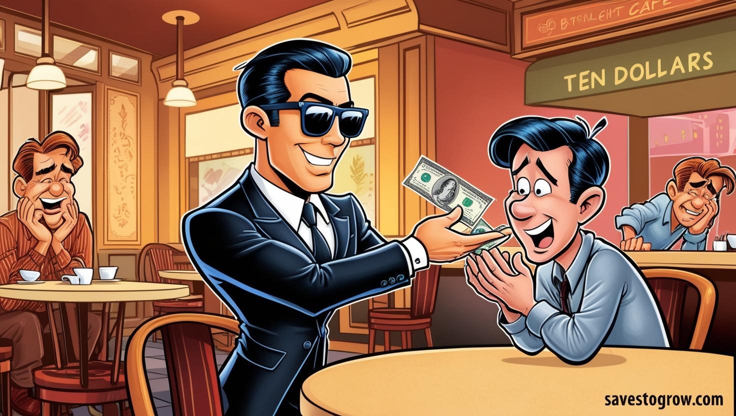 cartoon of a person in a suit and sunglasses collecting $10 from a nervous friend at a cafe