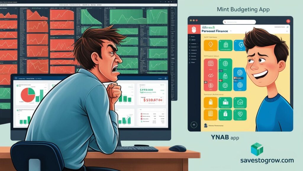 cluttered dashboard (representing Mint) contrasted with a happy user on YNAB