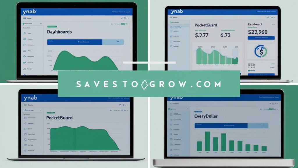 collage comparing the dashboards of YNAB PocketGuard and EveryDollar