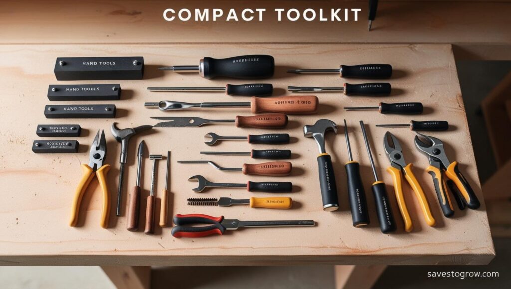 compact toolkit laid out on a wooden workbench with captions for each item
