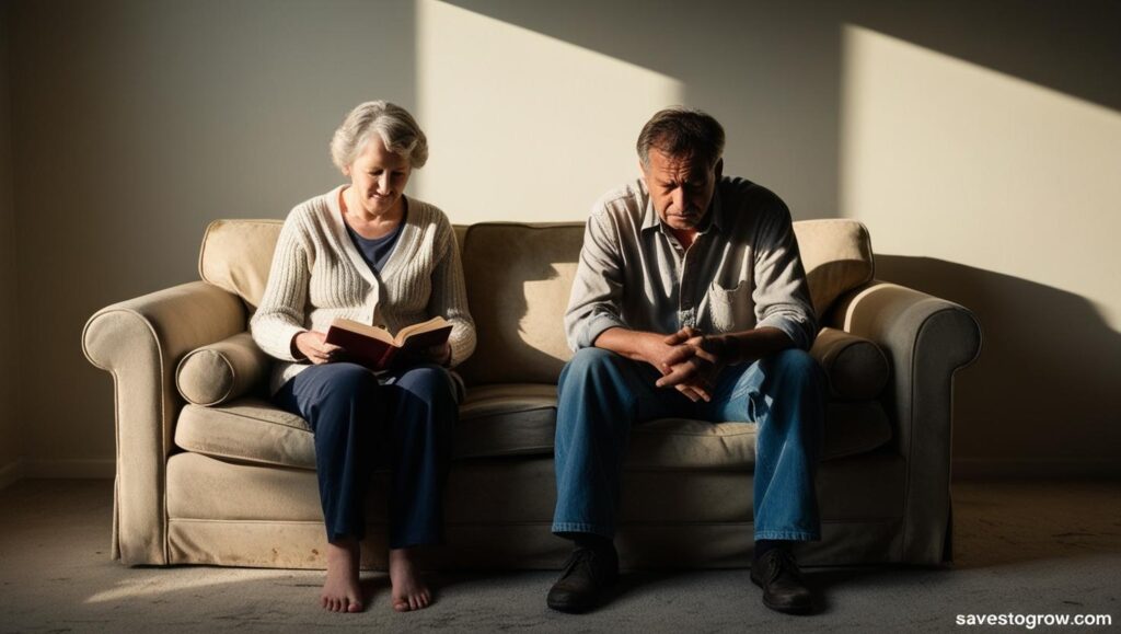 couple sitting at opposite ends of the couch symbolizing relationship tension after one retires early