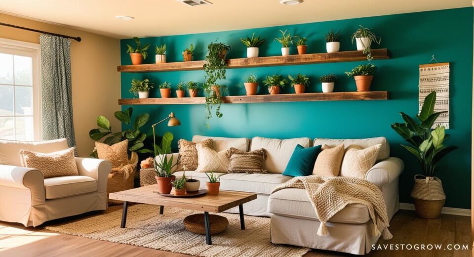 cozy DIY decorated living room with floating shelves and a bold accent wall
