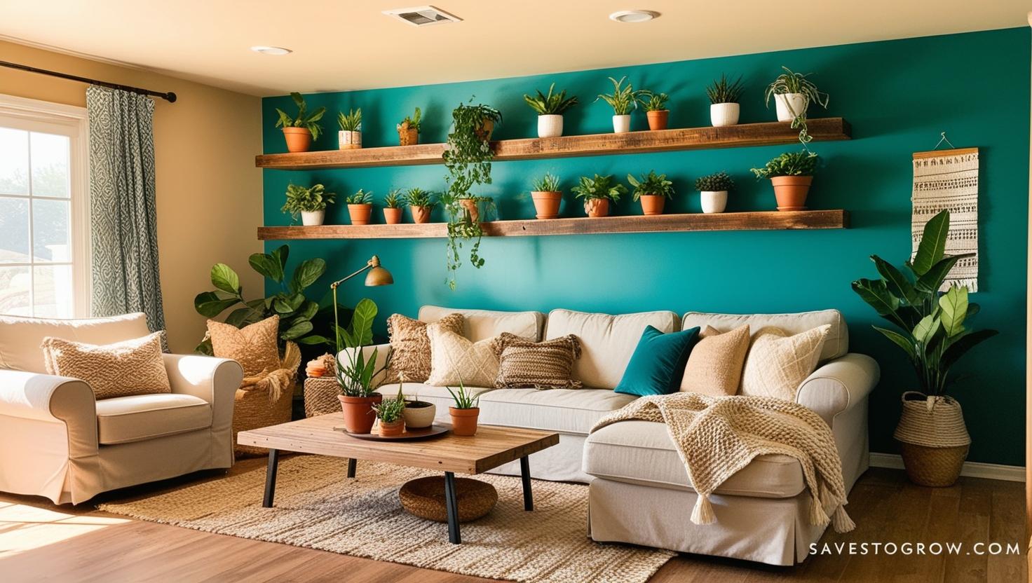 cozy DIY decorated living room with floating shelves and a bold accent wall