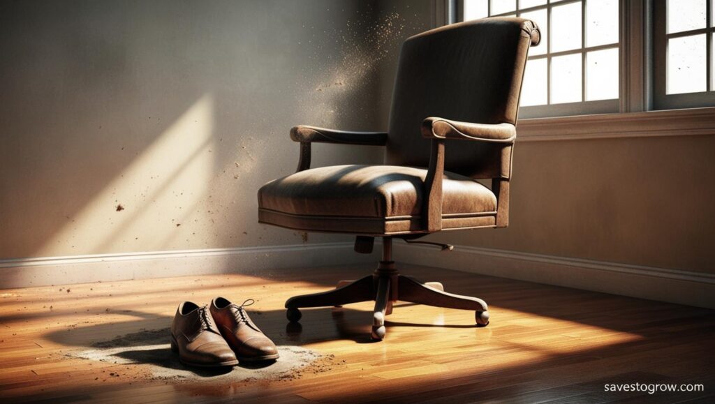 empty office chair with a pair of shoes beside it gathering dust