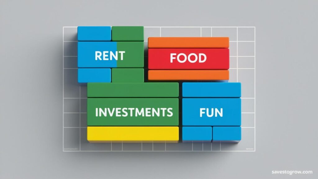 etris style layout of a budget plan with colorful blocks (Rent Food Investments Fun)