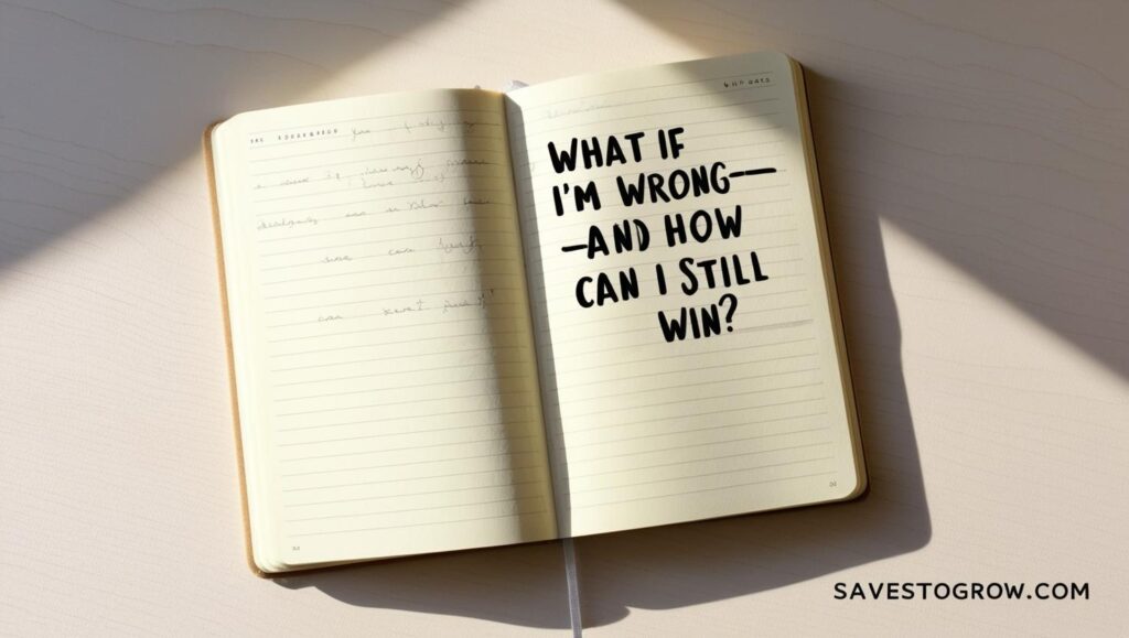 flat lay photo of an open notebook with the prompt “What if I’m wrong—and how can I still win