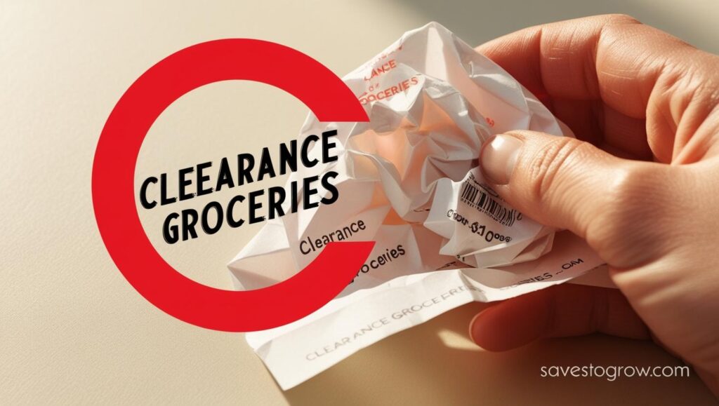 holding a receipt with huge savings circled labeled Clearance Groceries
