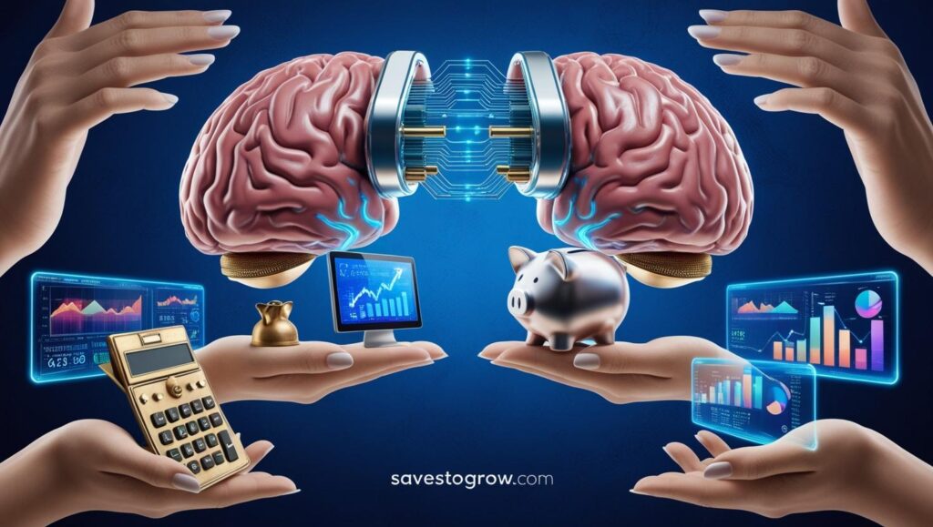 human brain vs AI chip handling financial tools (calculator piggy bank investment charts)